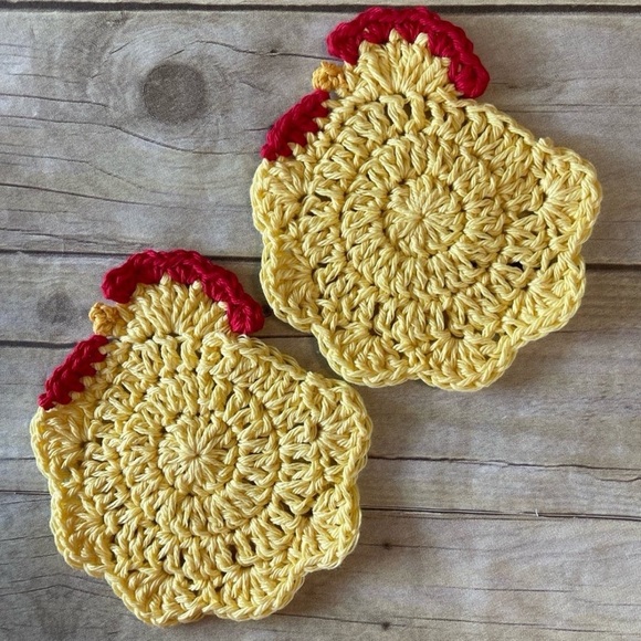 New Handmade Cotton Crochet Chicken Hot Pad/Trivet & Two Coasters Yellow - Picture 6 of 7